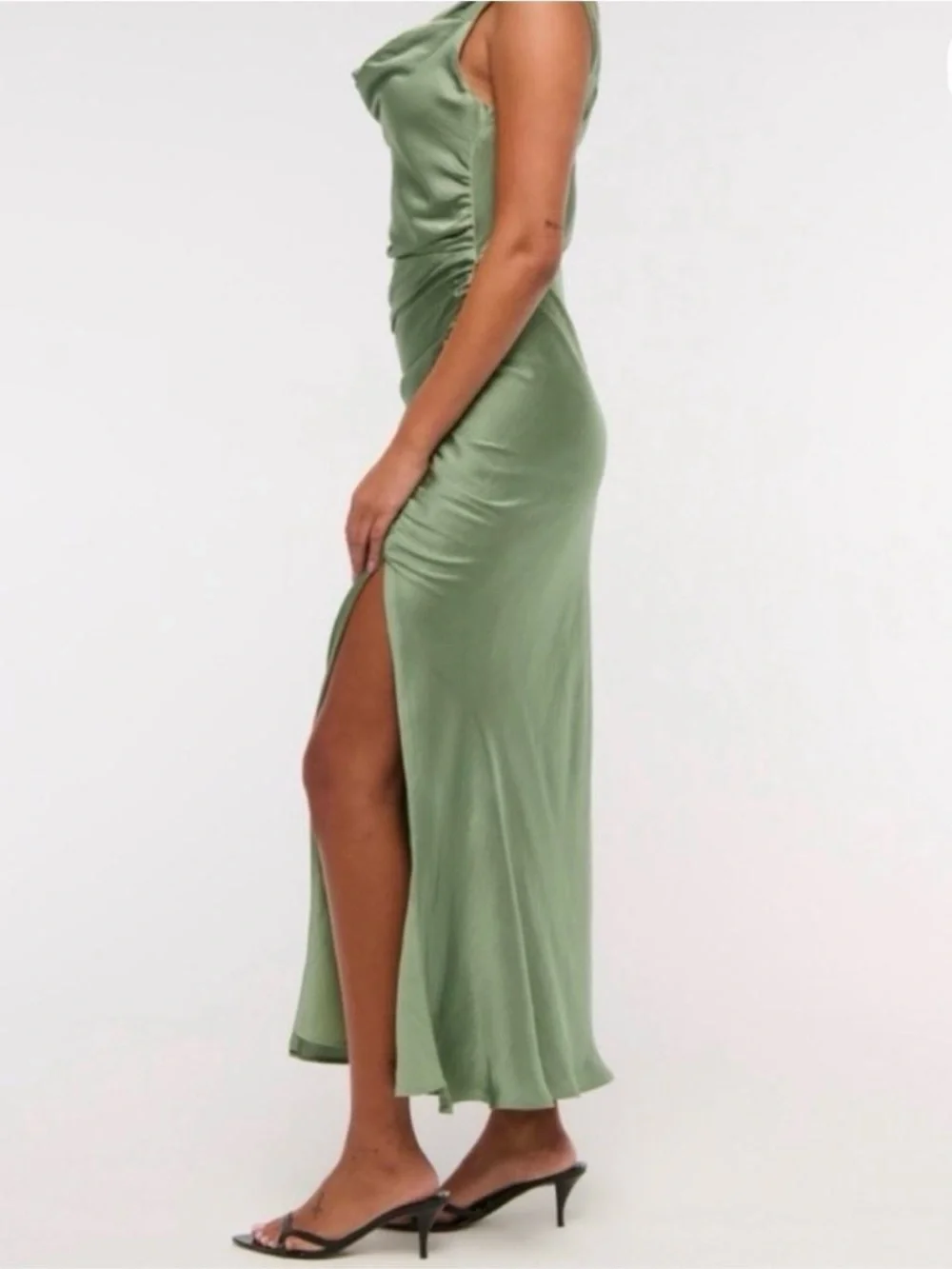 Satin Cowl Neck Ruched Side Slit Dress - Sage Green